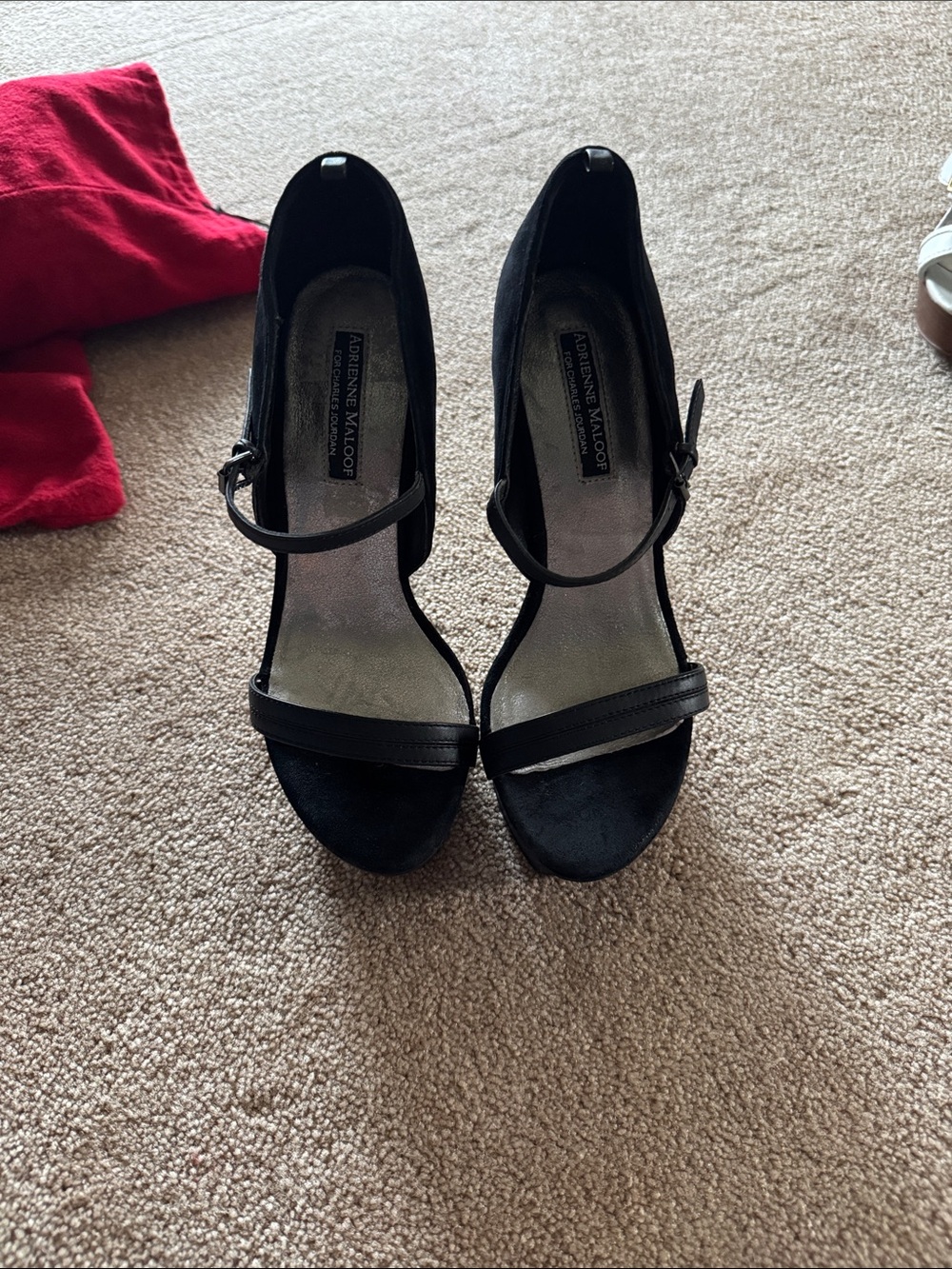 Adrienne Maloof Black Suede Open-Toe Ankle-Strap Heels